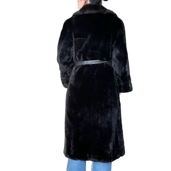 Vintage 70s Diamonte Faux Fur Coat Black Brown Mob Wife Size Medium Classic - Picture 4 of 10